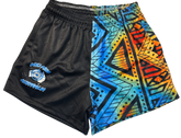 Blue and Orange Aztec footy shorts with zipper pockets image 0