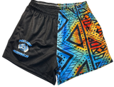 Blue and Orange Aztec footy shorts with zipper pockets image 0