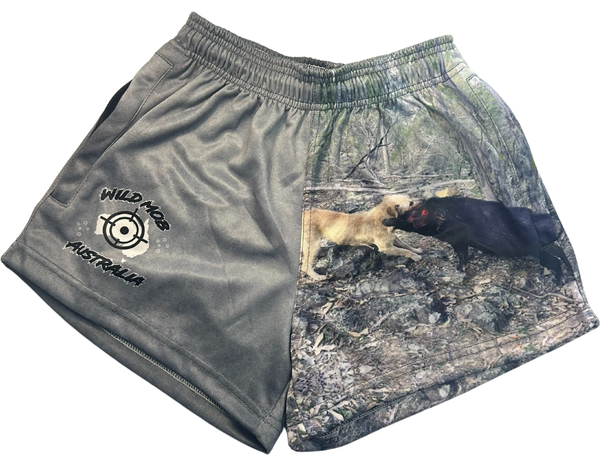 Red hairy pig dog footy shorts with zipper pockets image 0
