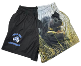 Black shorts with a big wild boar graphic on a white background
