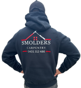 Black hoodie with 'Smolders Carpentry' logo and contact information on the back.
