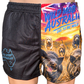 Dare to be Wild footy shorts with pig dogs chasing two wild boars, front view