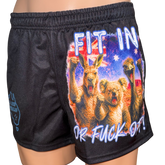 Wild Mob Fit in or Fuck off footy shorts with kangaroo, koala and emu print on black