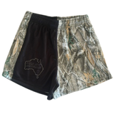 Camouflaged pattern footy shorts with black on one side. Real tree Camo. Zippered pockets and drawstring