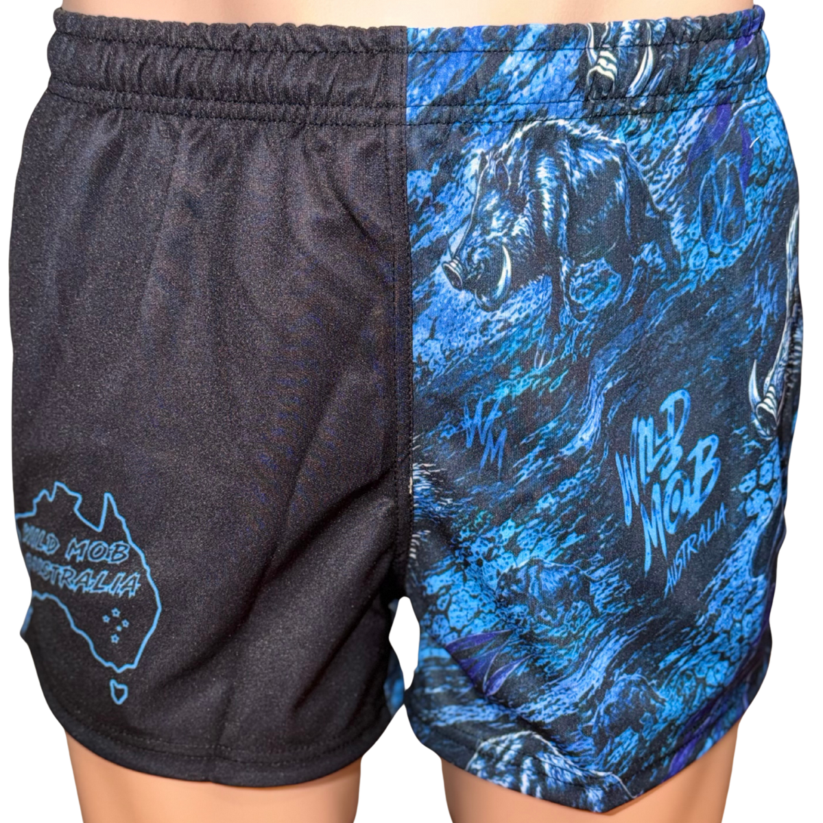 Wild Mob Blue Boars footy shorts, black leg with Australia map and blue wild boar print leg, front view