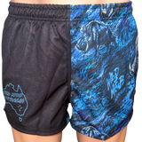 Wild Mob Blue Boars footy shorts, black leg with Australia map and blue wild boar print leg, front view