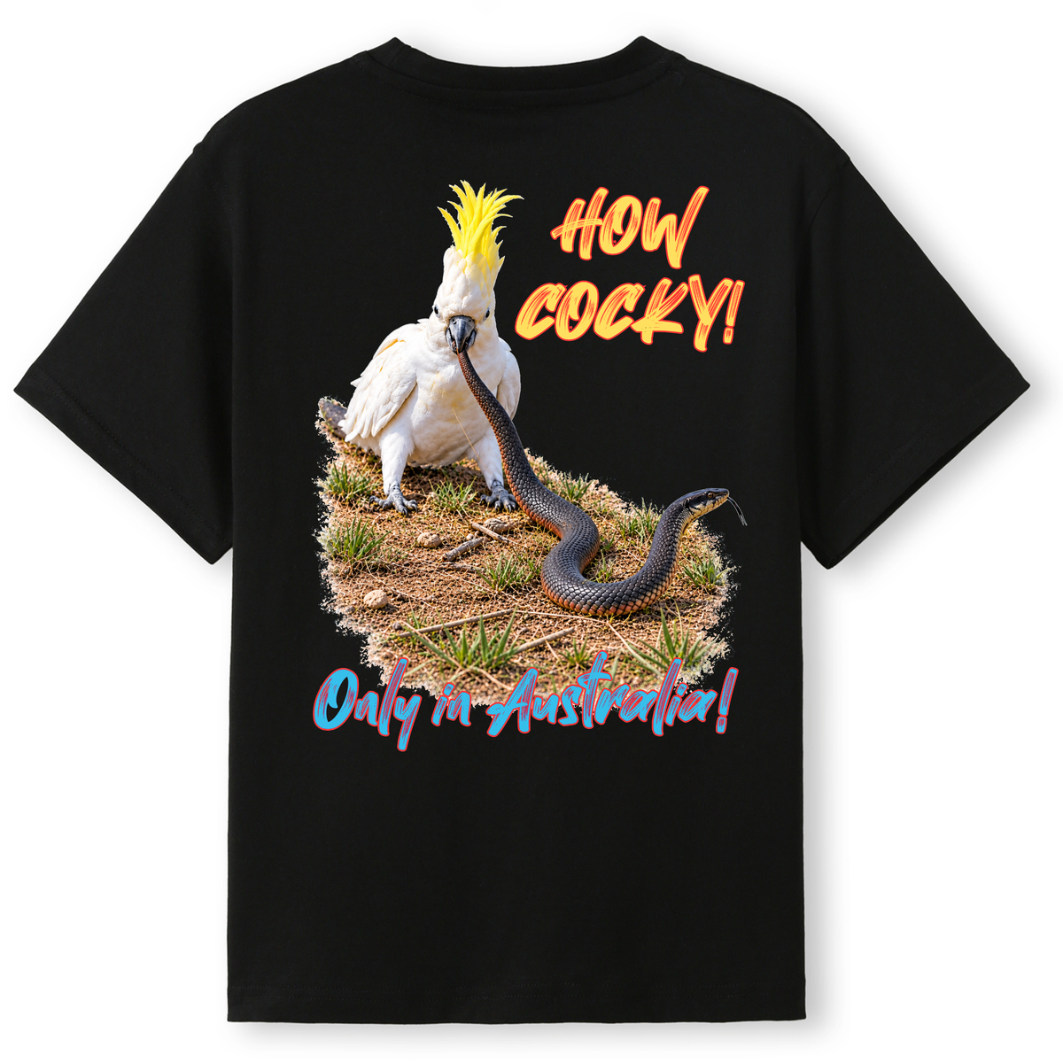 How Cocky! Cockatoo and Red-Bellied Black Snake T-Shirt – Only in Australia | Wild Mob