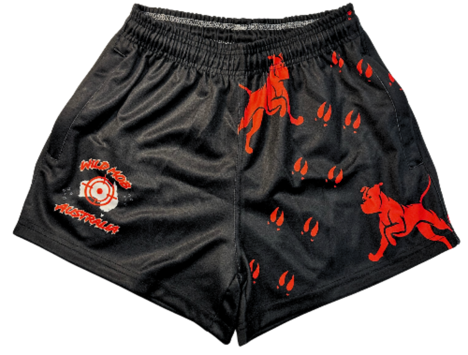 Red dog and boar prints footy shorts with zipper pockets image 0