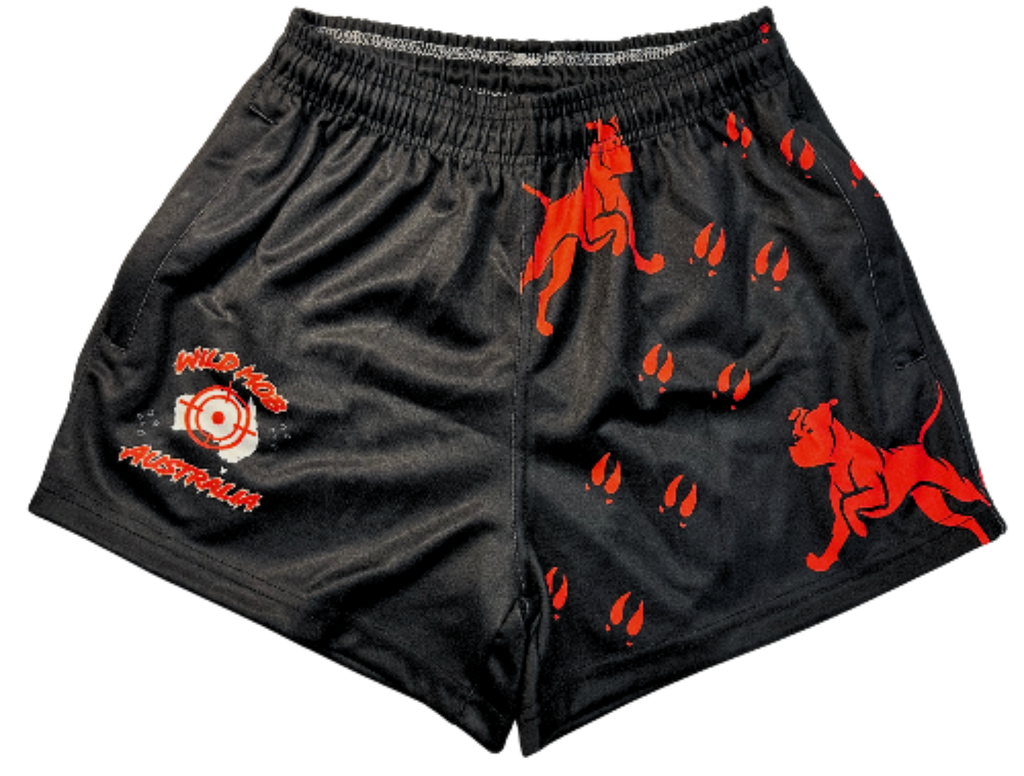 Red dog and boar prints footy shorts with zipper pockets image 0