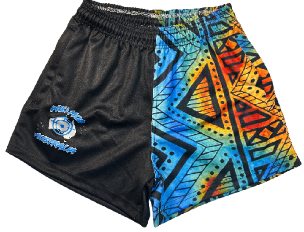 Blue and Orange Aztec footy shorts with zipper pockets image 0
