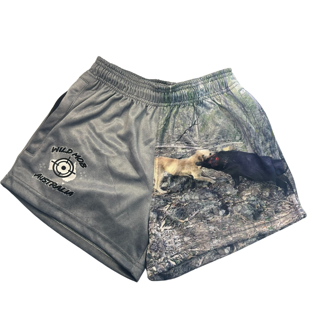 Red hairy pig dog footy shorts with zipper pockets image 0