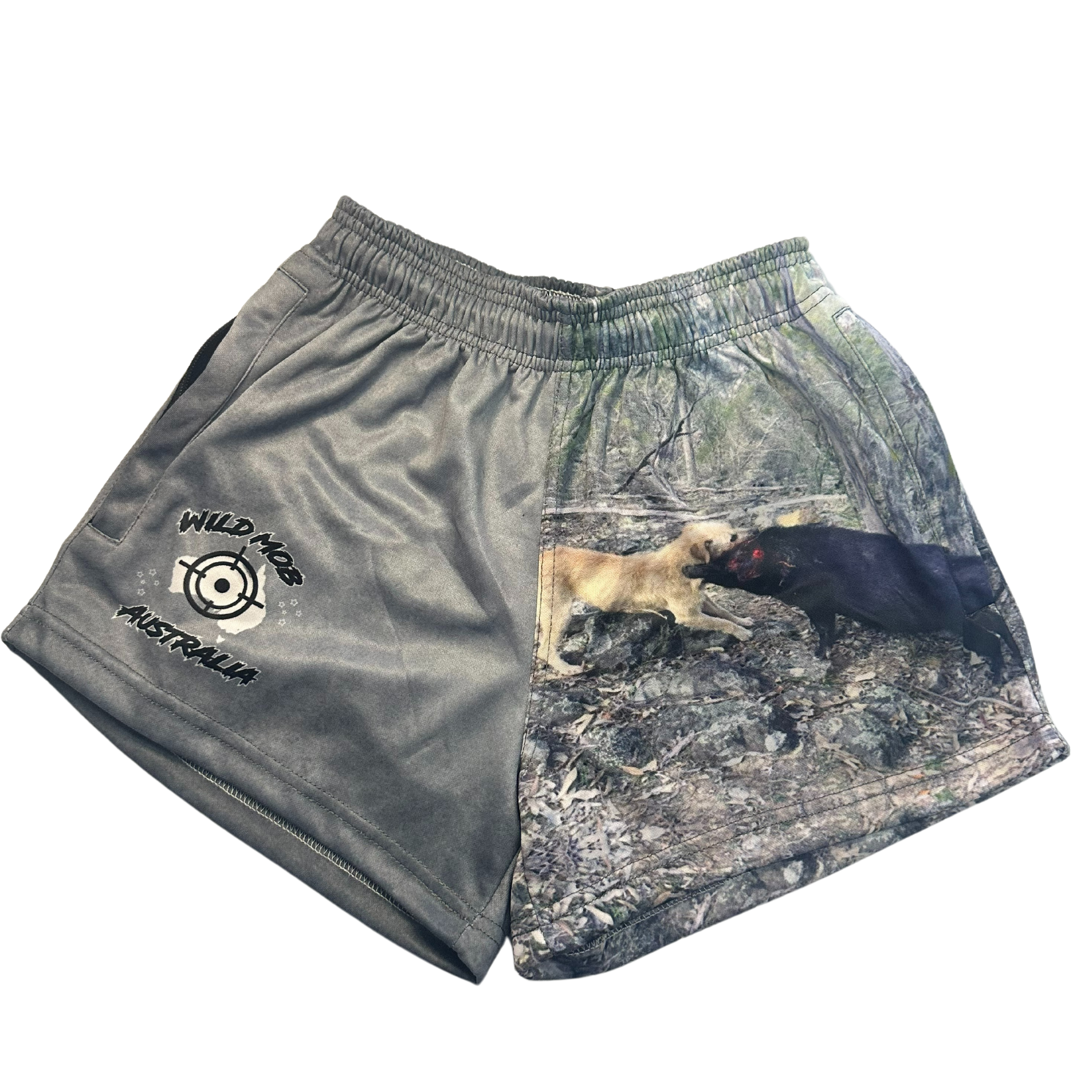 Red hairy pig dog footy shorts with zipper pockets image 0