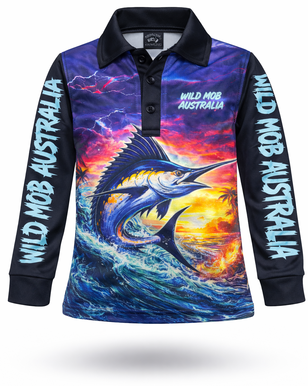 Long-sleeve shirt with a marlin design and 'Wild Mob Australia' text on a white background