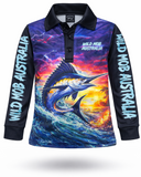 Long-sleeve shirt with a marlin design and 'Wild Mob Australia' text on a white background