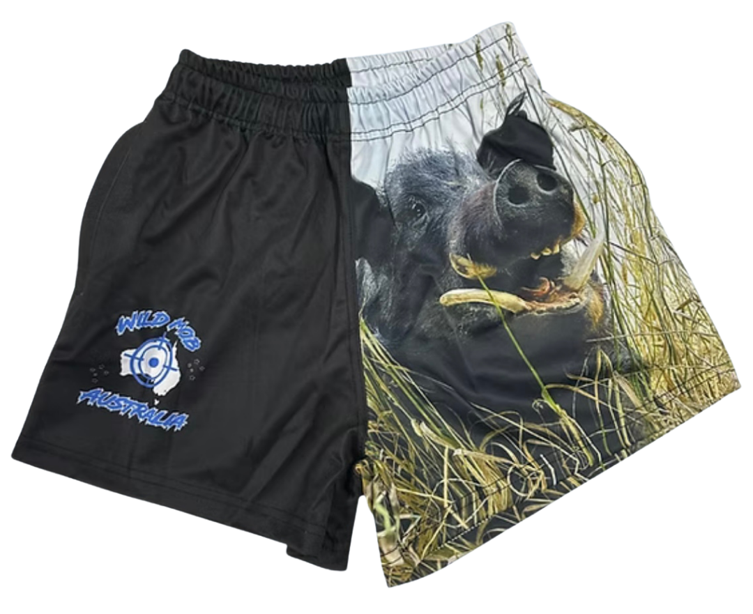 Black shorts with a big wild boar graphic on a white background