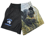 Black shorts with a big wild boar graphic on a white background