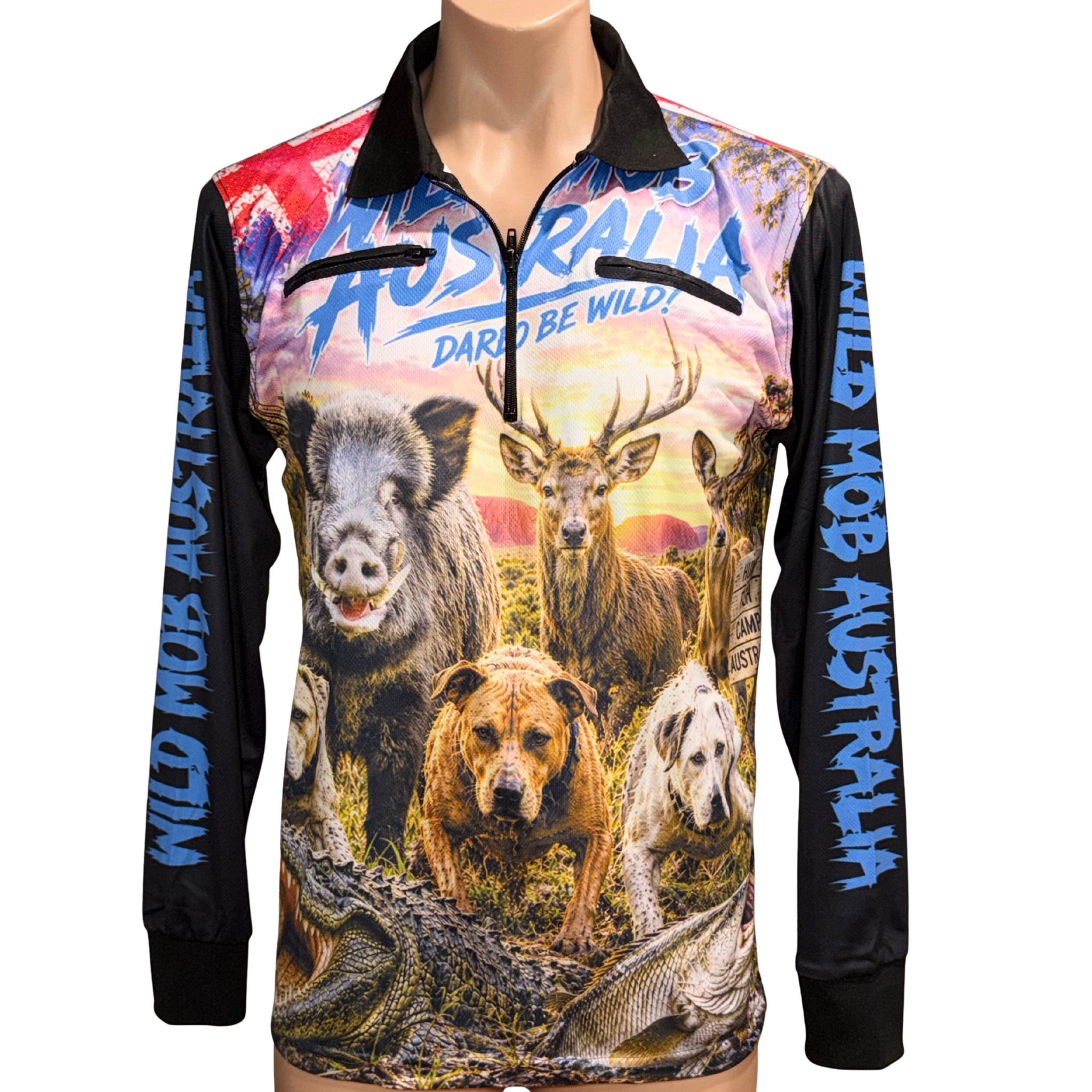Wild Mob Dare to be Wild fishing shirt with wild boar, stag, kangaroo, pig dogs, crocodile and fish print