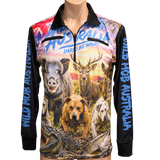 Wild Mob Dare to be Wild fishing shirt with wild boar, stag, kangaroo, pig dogs, crocodile and fish print