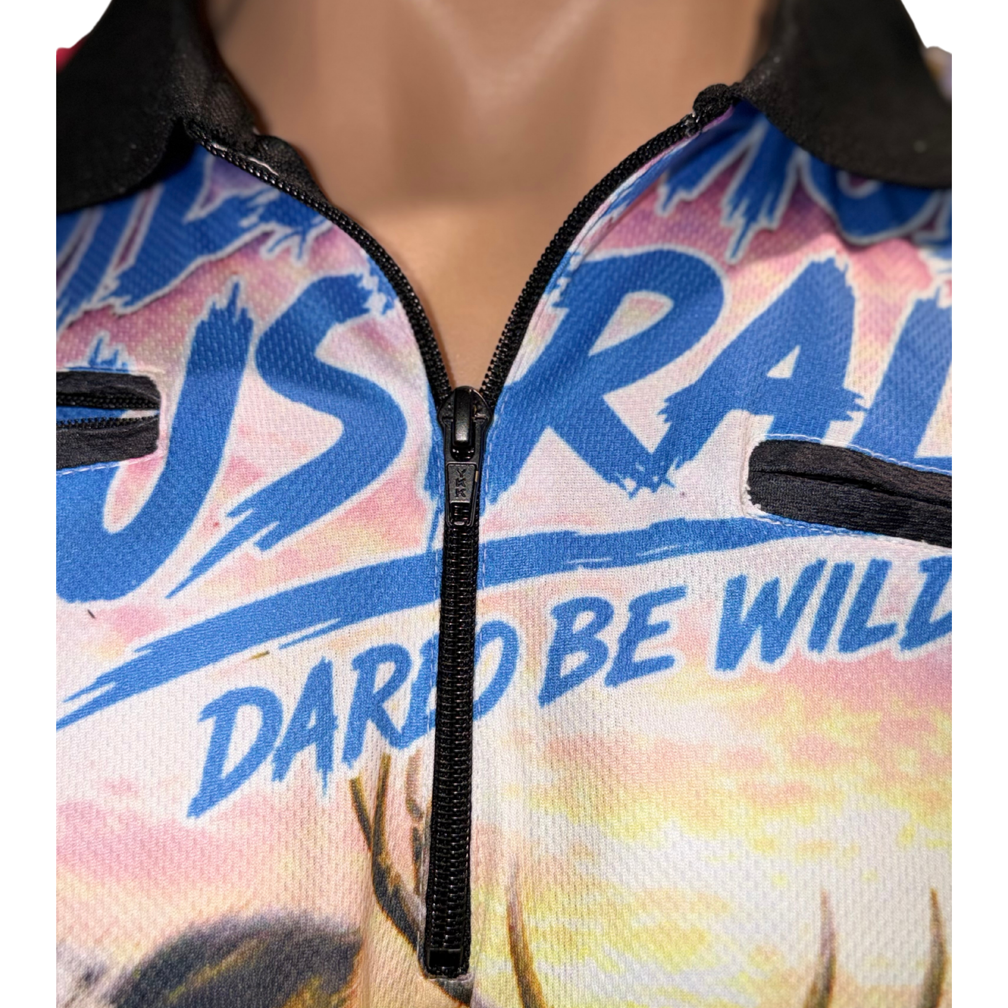 Close-up of quarter-zip neck on Wild Mob fishing shirt