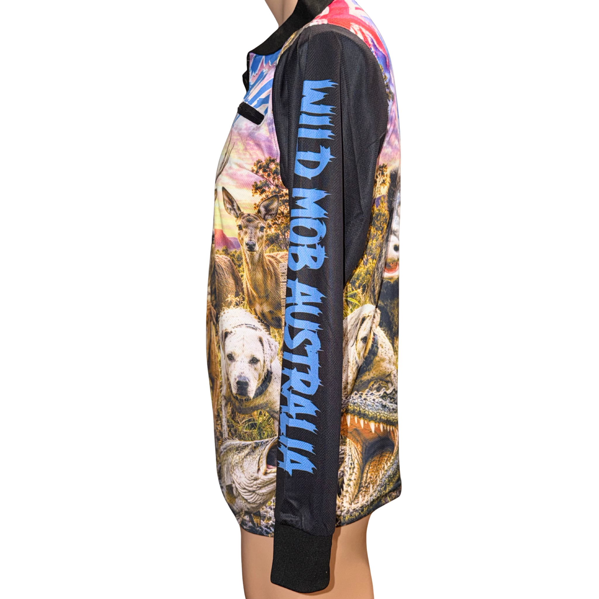 Side view of Wild Mob Dare to be Wild fishing shirt showing blue sleeve lettering