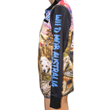 Side view of Wild Mob Dare to be Wild fishing shirt showing blue sleeve lettering