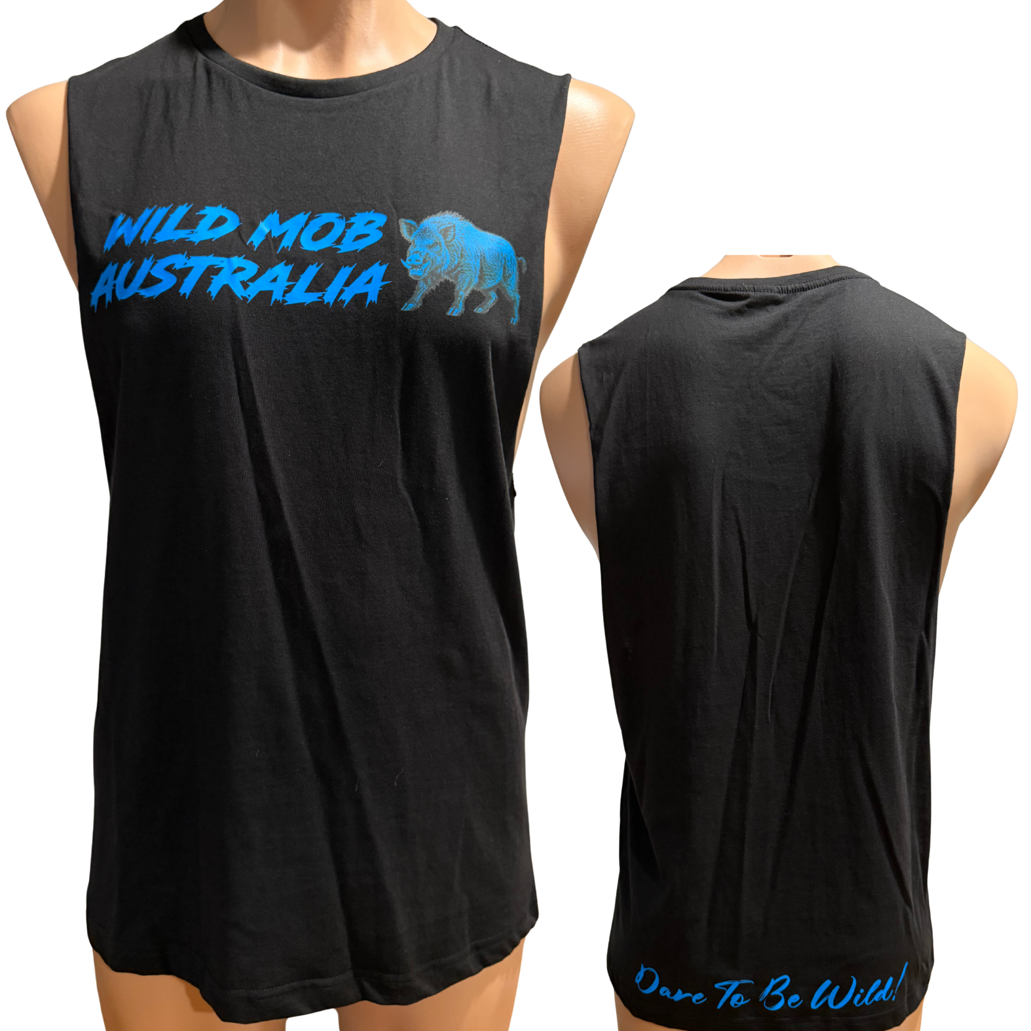 Wild Mob Dare to be Wild muscle shirt with blue wild boar logo