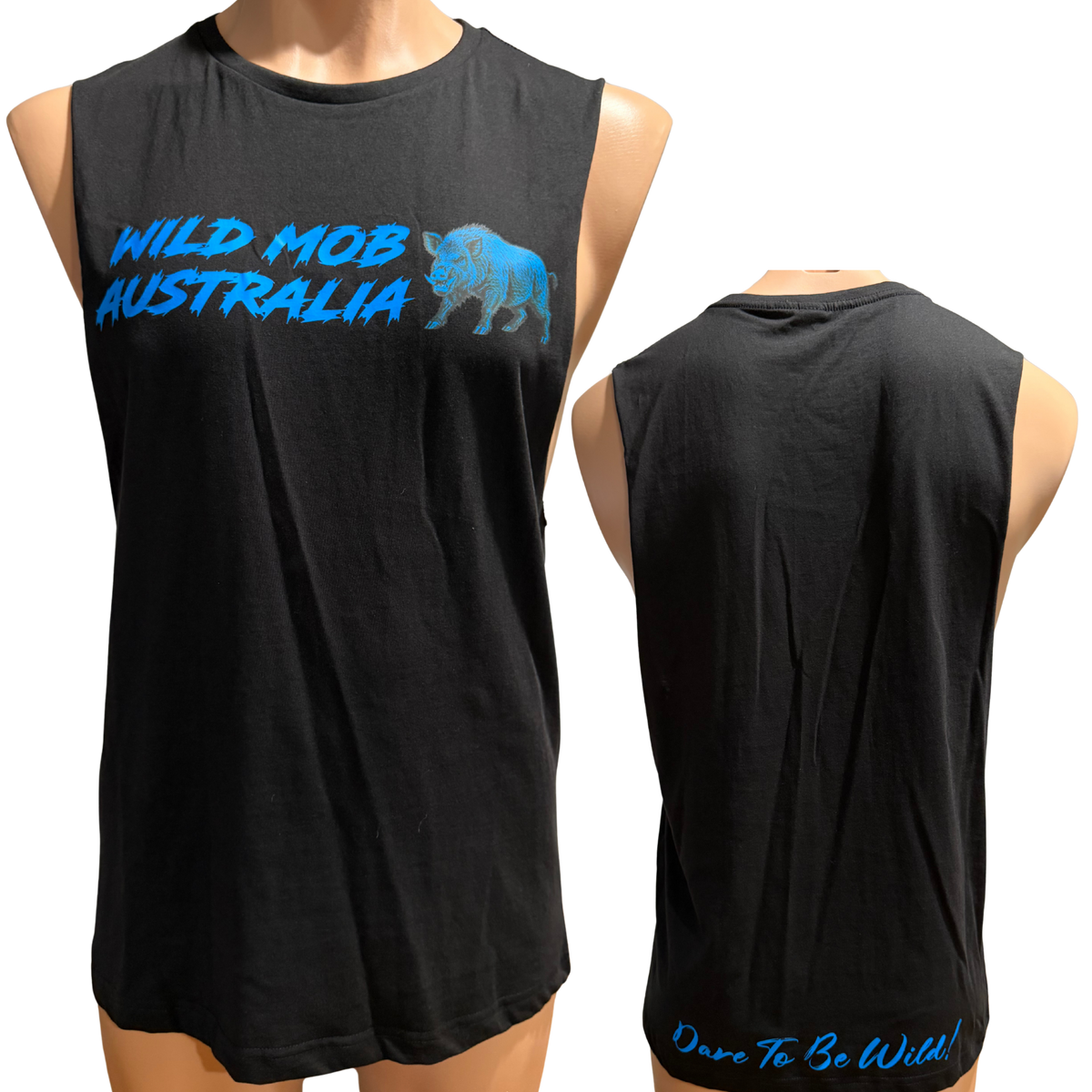 Wild Mob Dare to be Wild muscle shirt with blue wild boar logo