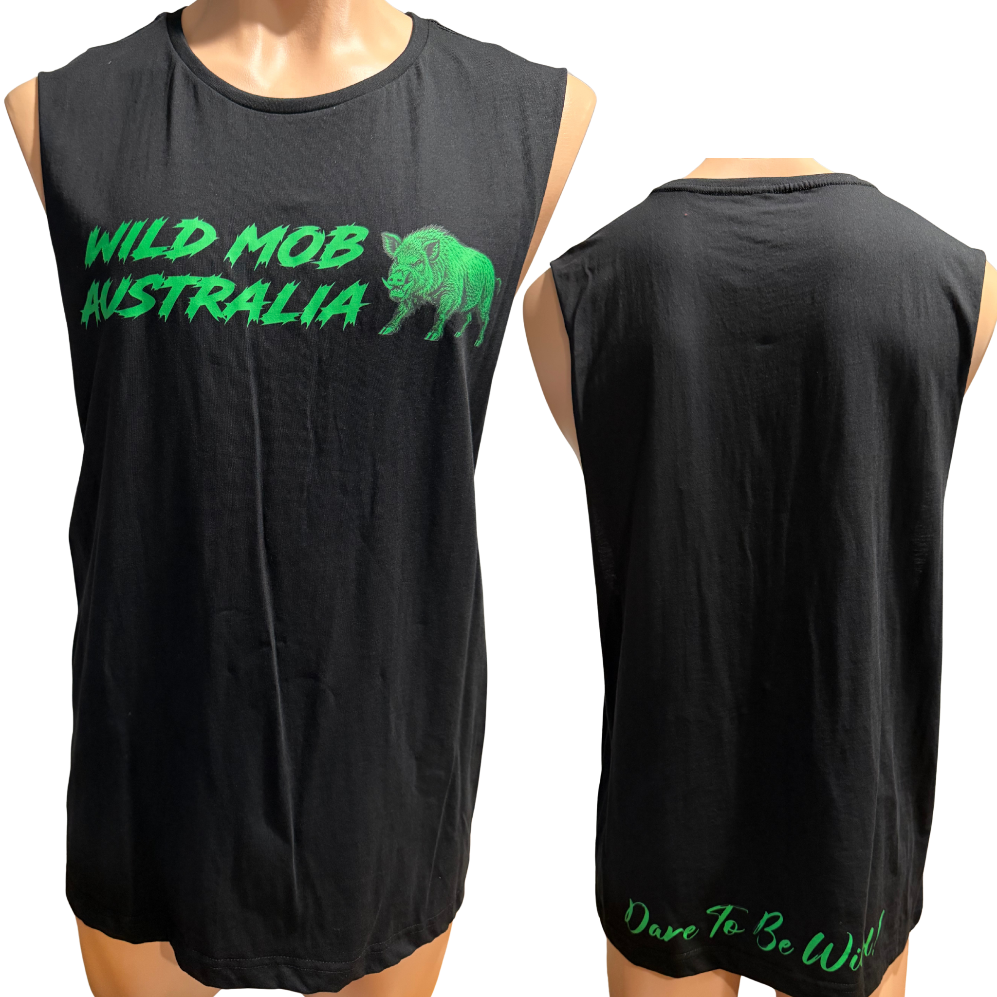 Wild Mob Dare to be Wild muscle shirt with green wild boar logo