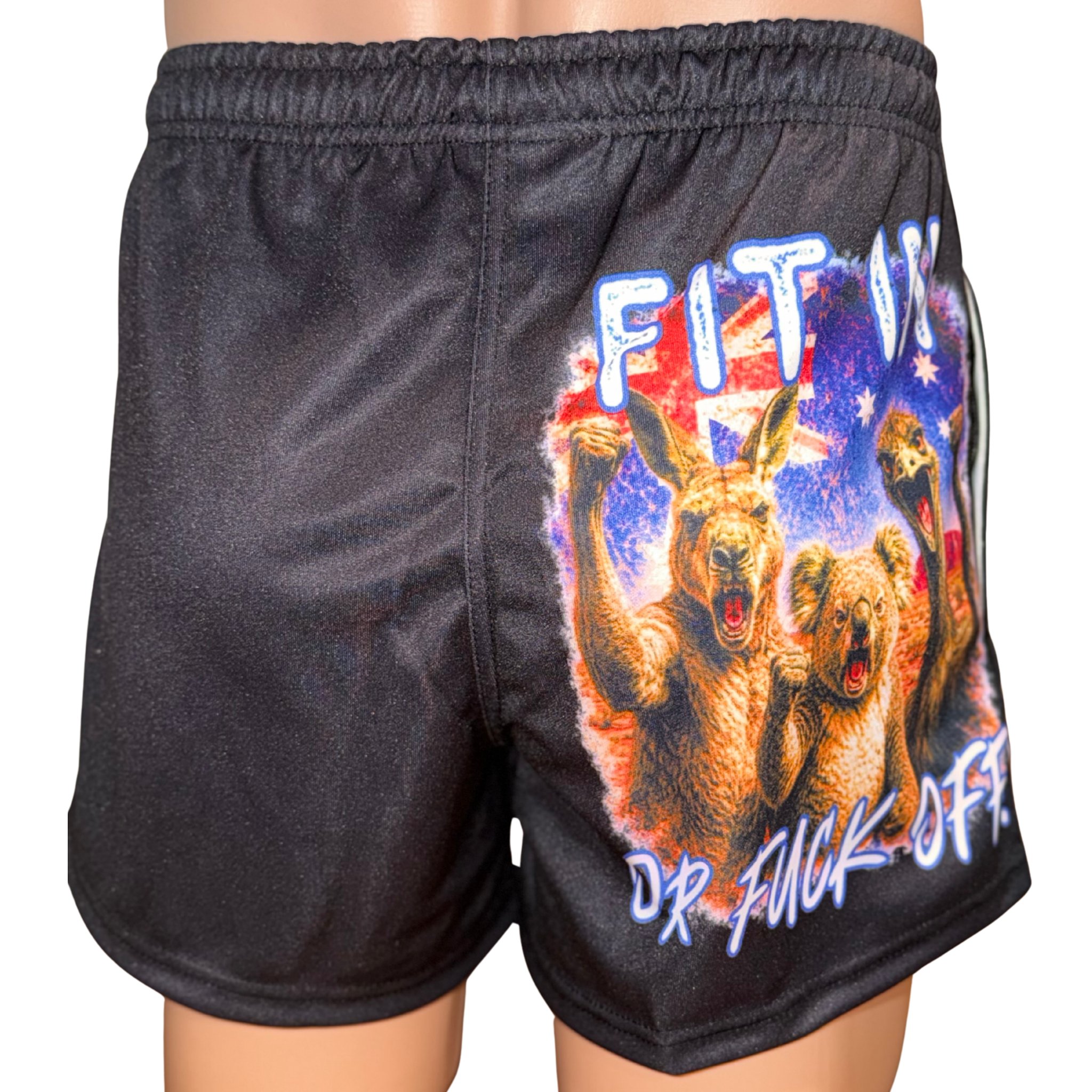 Fit in or Fuck off footy shorts with a kangaroo, koala and emu on the Aussie flag. Quick-dry, zip pockets, adult sizes XS–5XL.