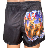 Fit in or Fuck off footy shorts with a kangaroo, koala and emu on the Aussie flag. Quick-dry, zip pockets, adult sizes XS–5XL.