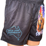 Fit in or Fuck off footy shorts with a kangaroo, koala and emu on the Aussie flag. Quick-dry, zip pockets, adult sizes XS–5XL.