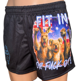 Wild Mob Fit in or Fuck off footy shorts with kangaroo, koala and emu print on black