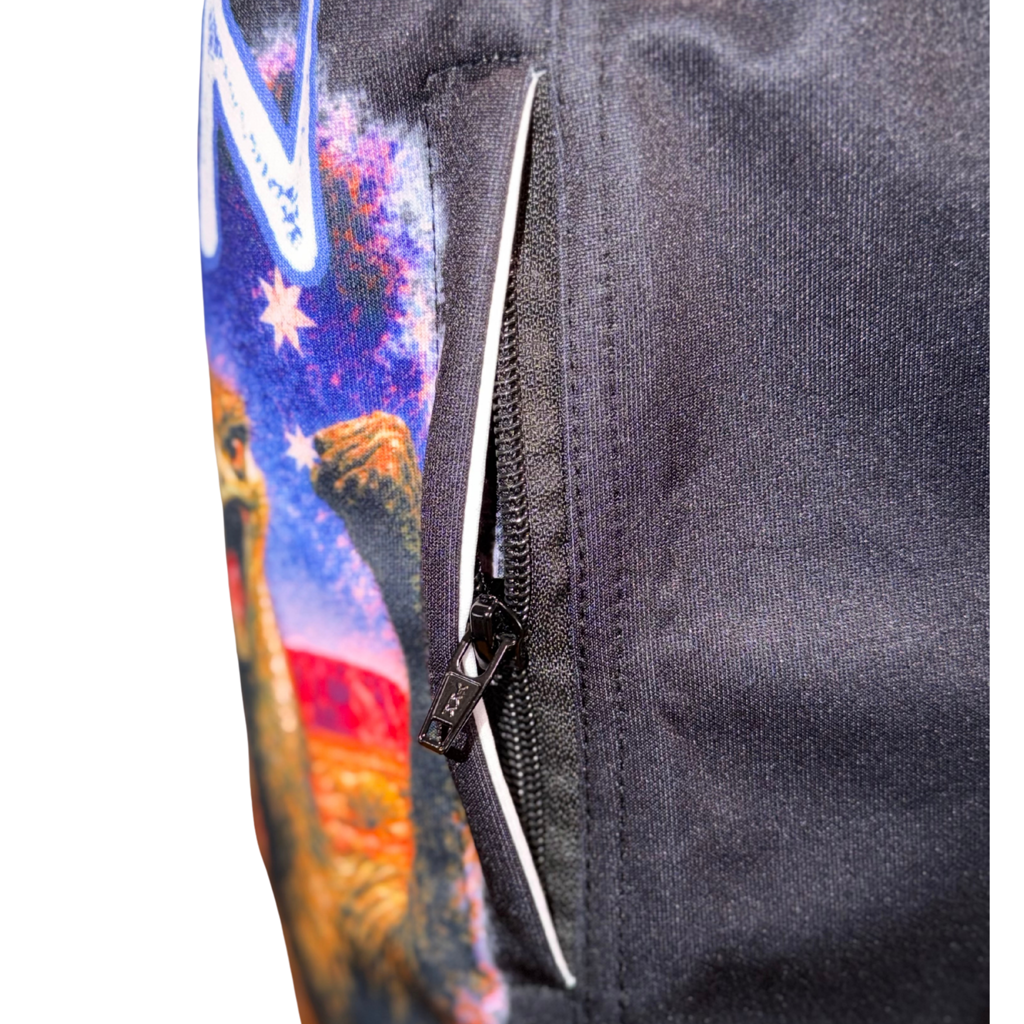 Fit in or Fuck off footy shorts with a kangaroo, koala and emu on the Aussie flag. Quick-dry, zip pockets, adult sizes XS–5XL.