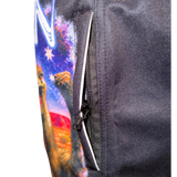 Fit in or Fuck off footy shorts with a kangaroo, koala and emu on the Aussie flag. Quick-dry, zip pockets, adult sizes XS–5XL.