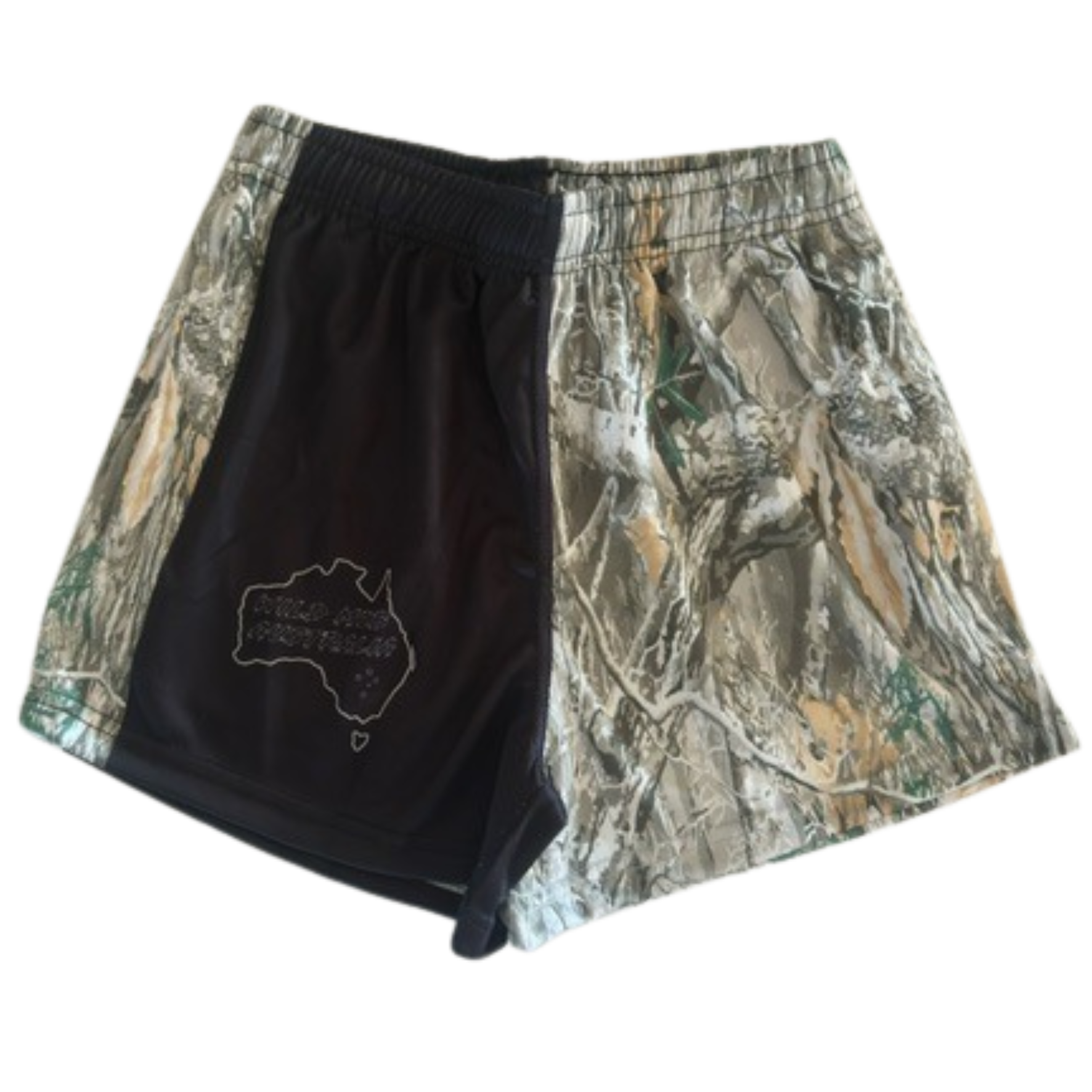 Camouflaged pattern footy shorts with black on one side. Real tree Camo. Zippered pockets and drawstring 