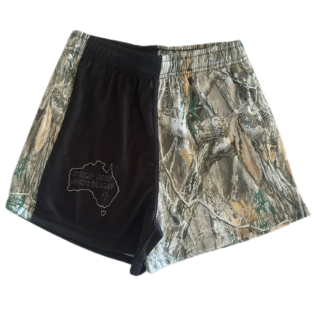 Camouflaged pattern footy shorts with black on one side. Real tree Camo. Zippered pockets and drawstring 
