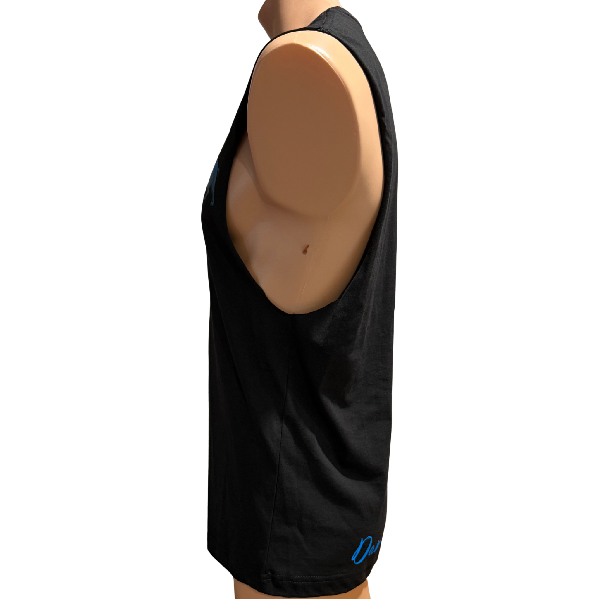 Side view of Wild Mob muscle shirt showing sleeveless cut