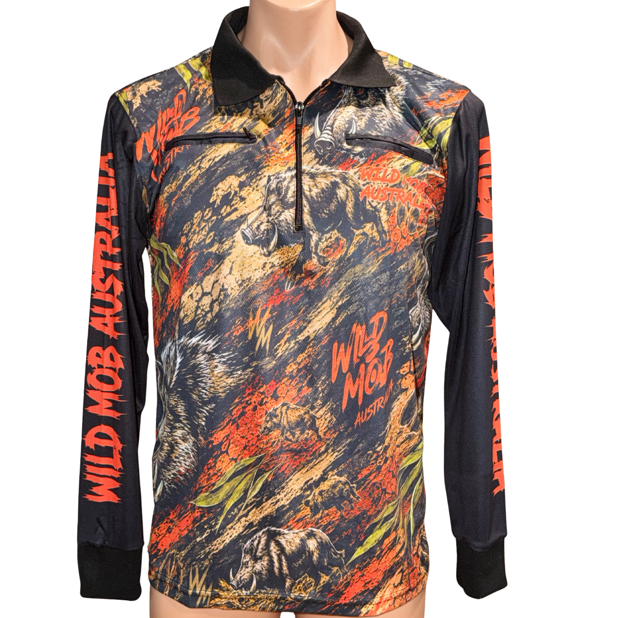 Wild Mob Outback Orange Boar fishing shirt, front view with wild boar print and orange sleeve lettering