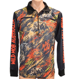 Wild Mob Outback Orange Boar fishing shirt, front view with wild boar print and orange sleeve lettering