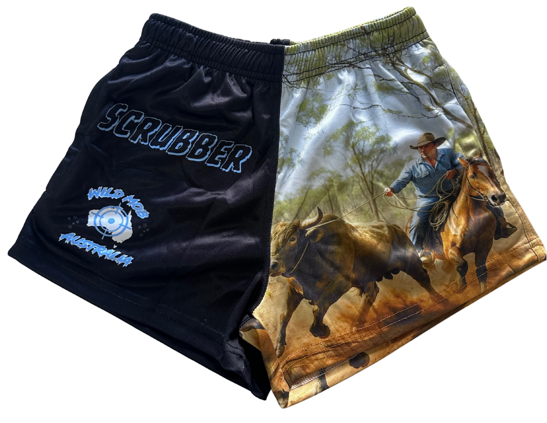 Scrubber Bull and Cowboy footy shorts with zipper pockets