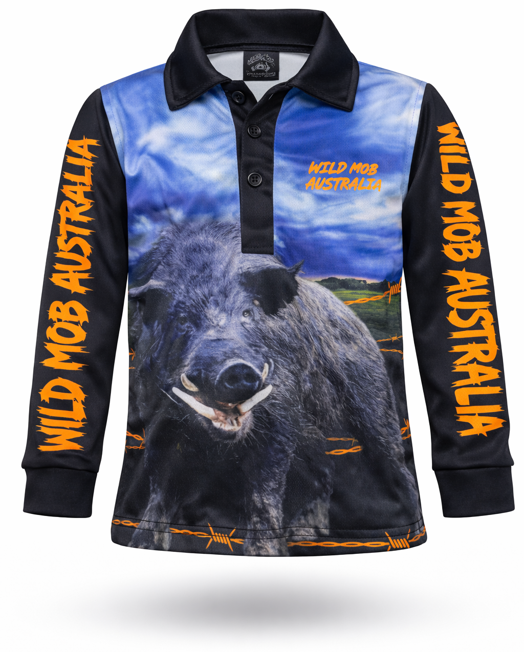Long-sleeve shirt with a boar design and 'Wild Mob Australia' text on a white background