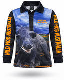 Long-sleeve shirt with a boar design and 'Wild Mob Australia' text on a white background