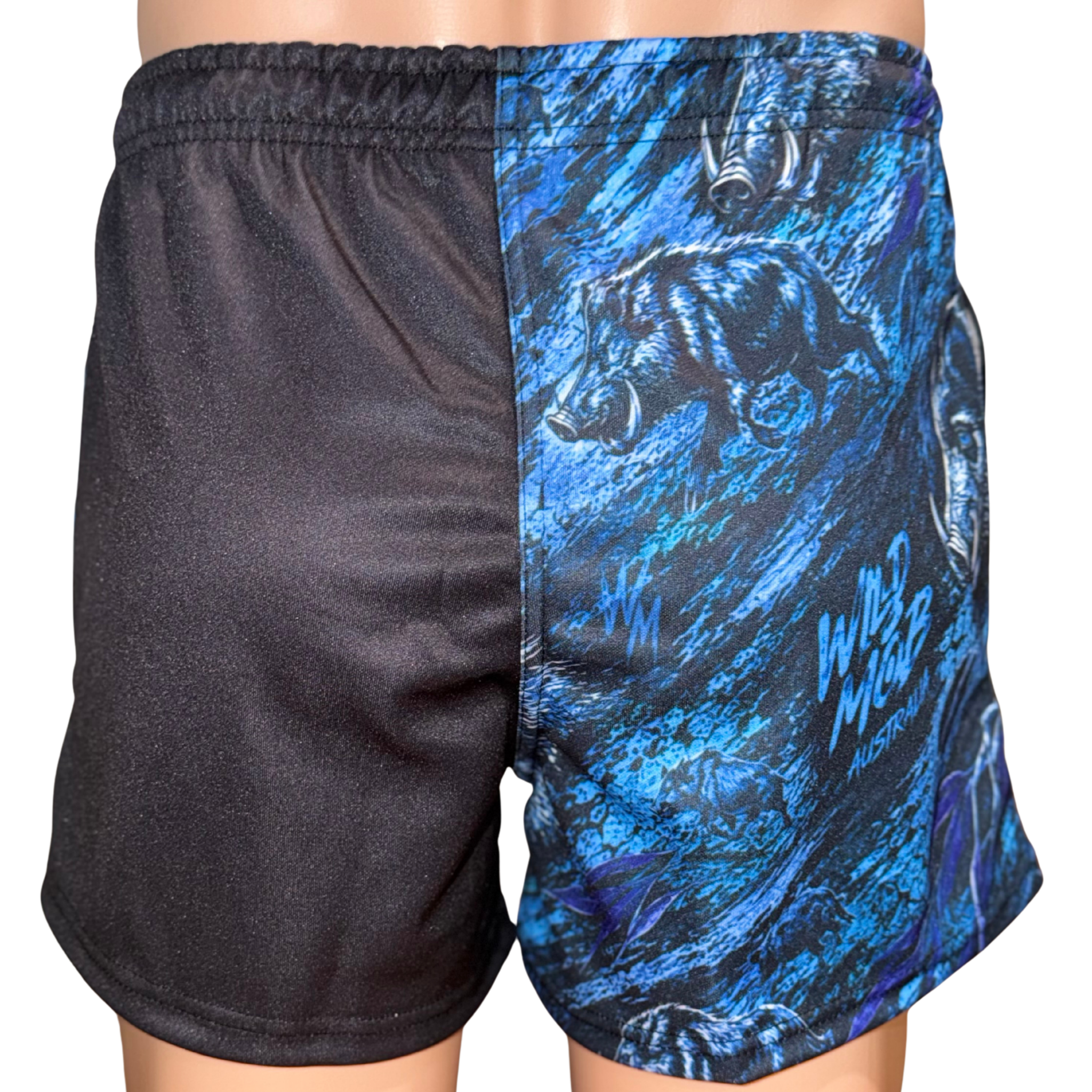 Back view of Wild Mob Blue Boars footy shorts
