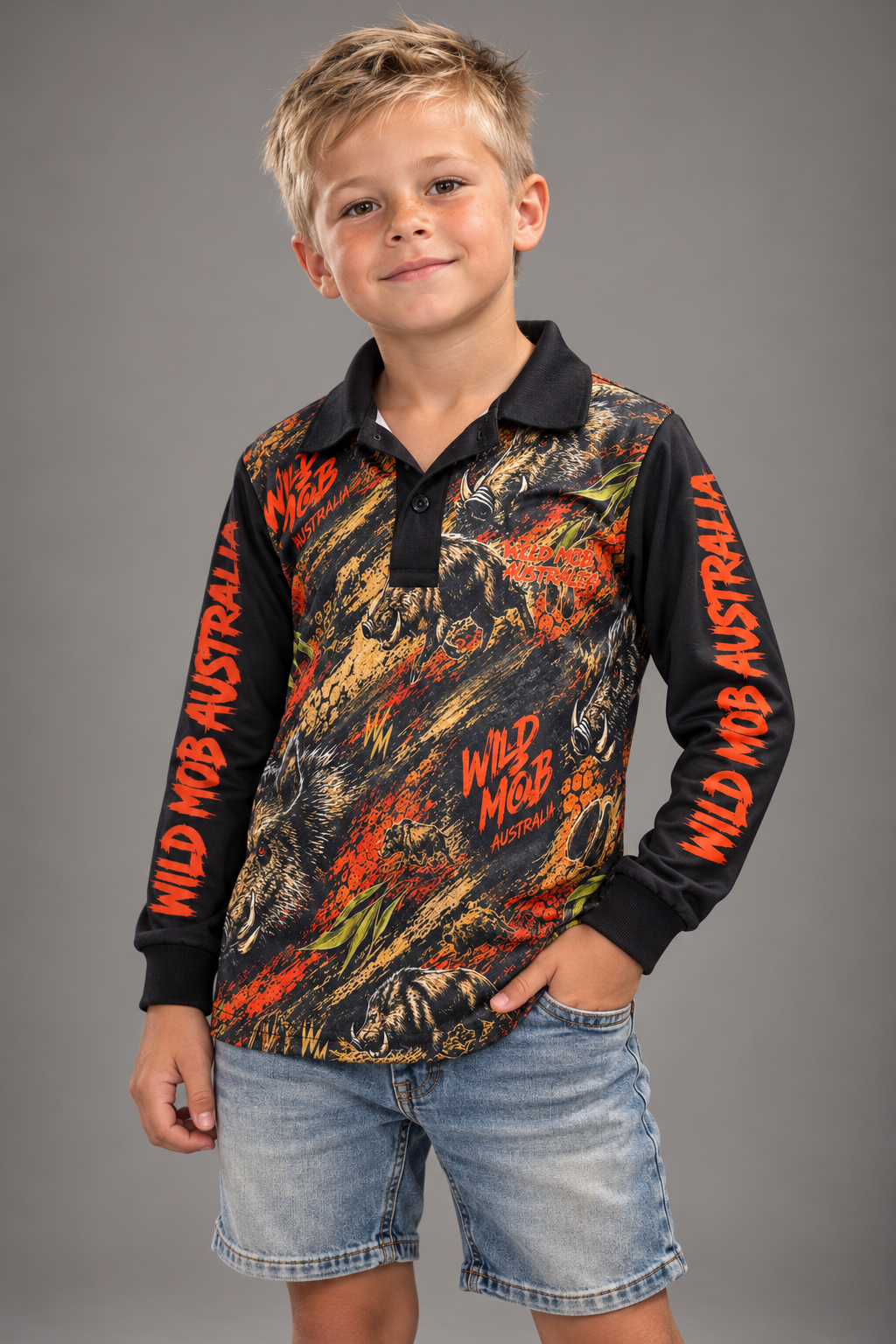 Kids Outback Orange Boar Long-Sleeve Fishing Shirt – UPF 50, Sizes 4–10 | Wild Mob