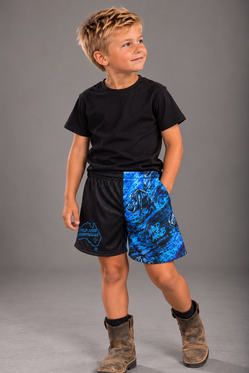 Kids Blue Boar Footy Shorts – Sizes 4–12 | Wild Mob
